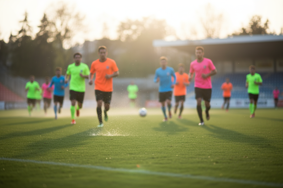 Amateurfußballteam mit individuell gestalteten Trikots auf dem Spielfeld