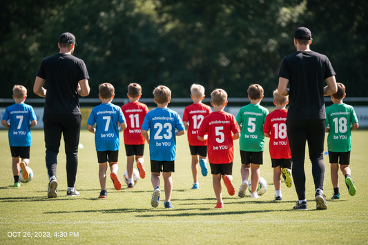 Kinder Trikot selbst gestalten – schwarzes Kindertrikot mit blauen Akzenten von Schmiedesport