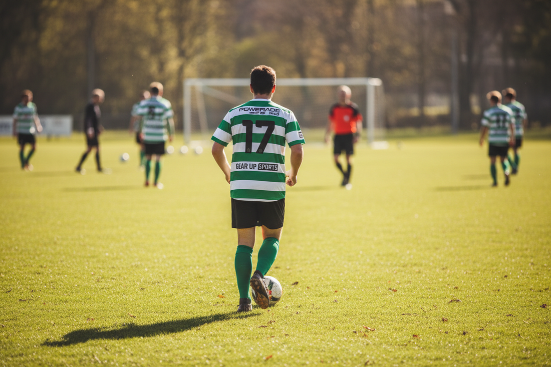 Gruppe trägt individuell gestaltete Spaßtrikots im Sublimationsdruck mit 3D-Vereinswappen für Junggesellenabschied und Mallorca-Trip von Schmiedesport.