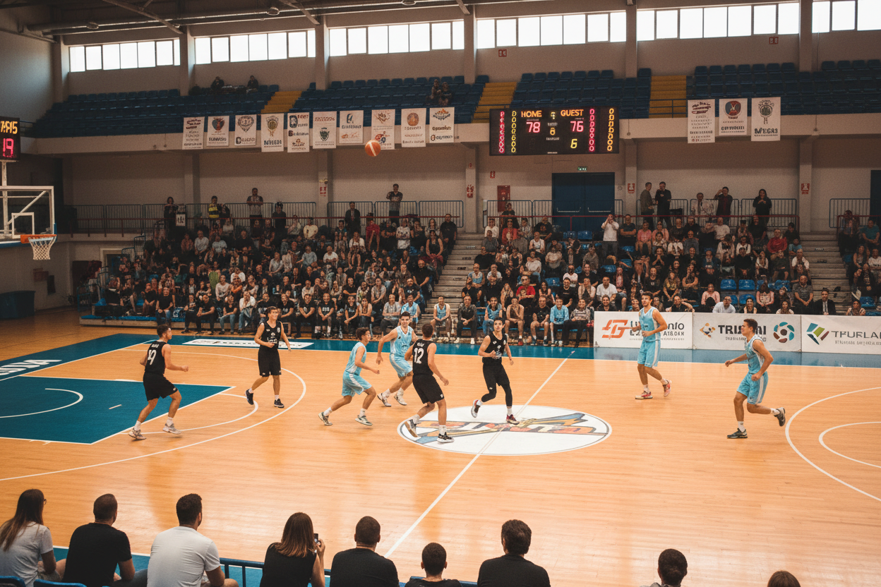 basketball spiel mit nicht zu vielen Zuschauern auf dem Court es soll in der halle sein 2 Teams spielen gegeneinander die trikots sollen bei Teams 1 schwarz sein und bei Team 2 hellblau bitte , das bild soll von ner iPhone kamera von der Tribüne geschossen sein 